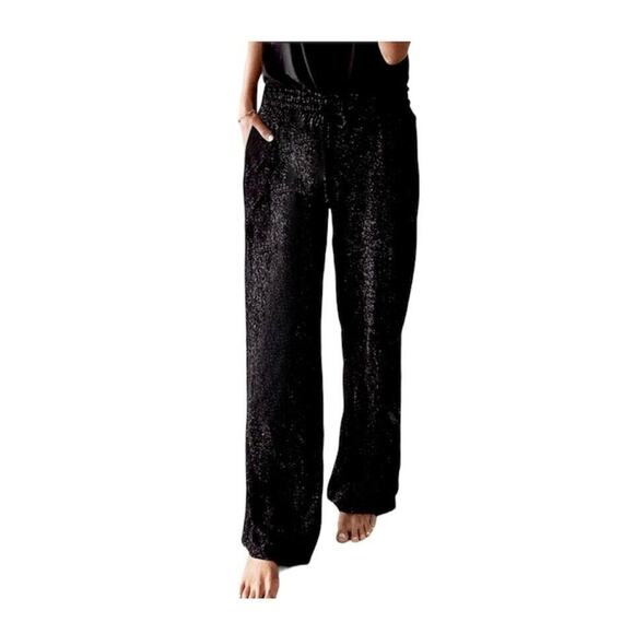 Elaine Field Black Metallic Shimmer & Sheer Mesh Tie Waist Slash Pocket Pants 1 - Picture 1 of 11